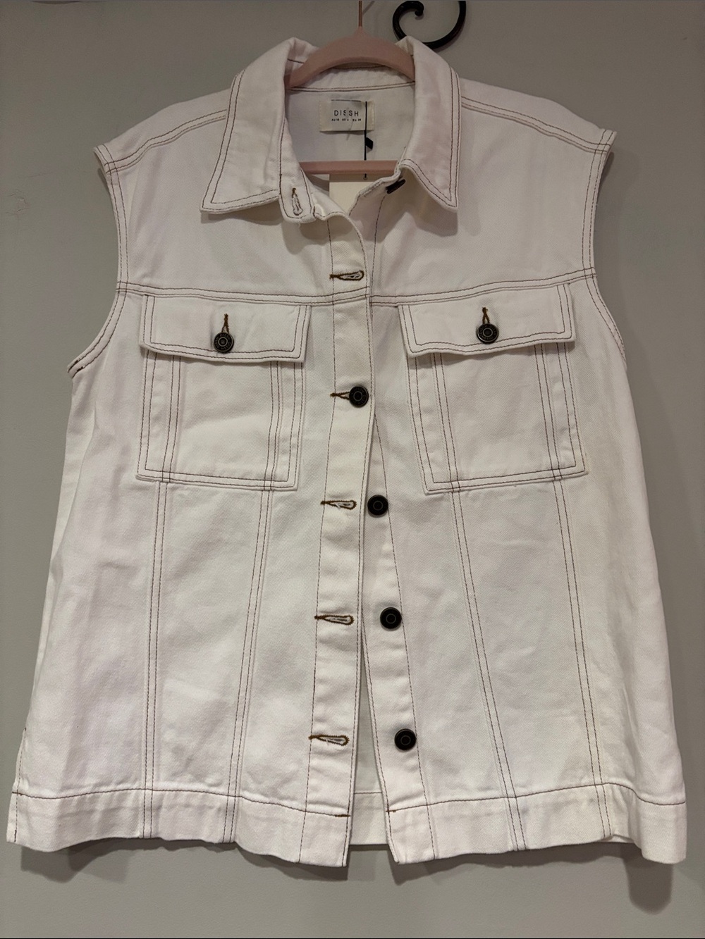 DISSH White Sleeveless Denim Vest with Contrast Stitching
